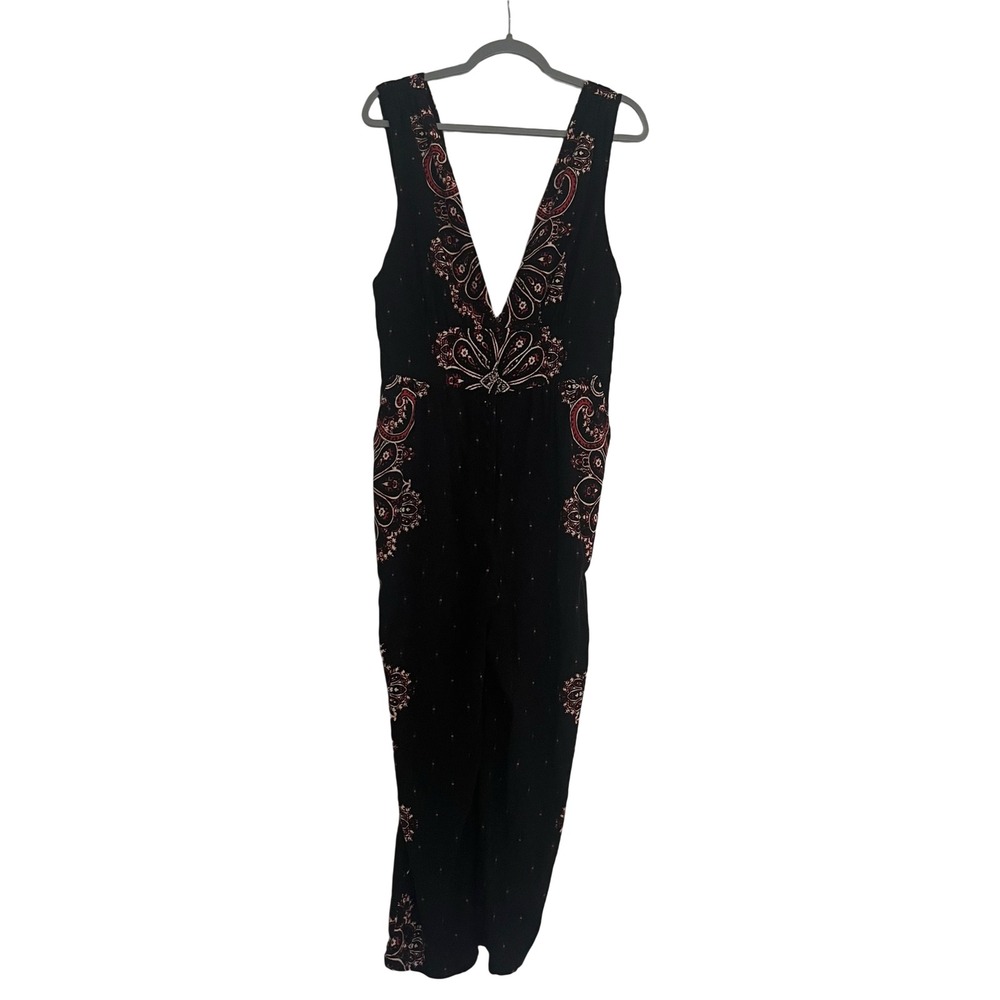 Free People Jumpsuit Womens Small Black Paisley Boho Cotton Gauze Good V-Neck